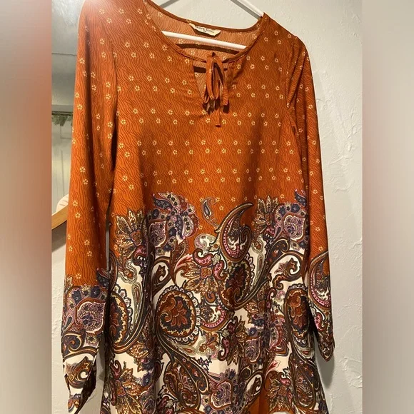 Brave Soul Woman Long Sleeves Orange Prints Blouse / Dress - Picture 2 of 4